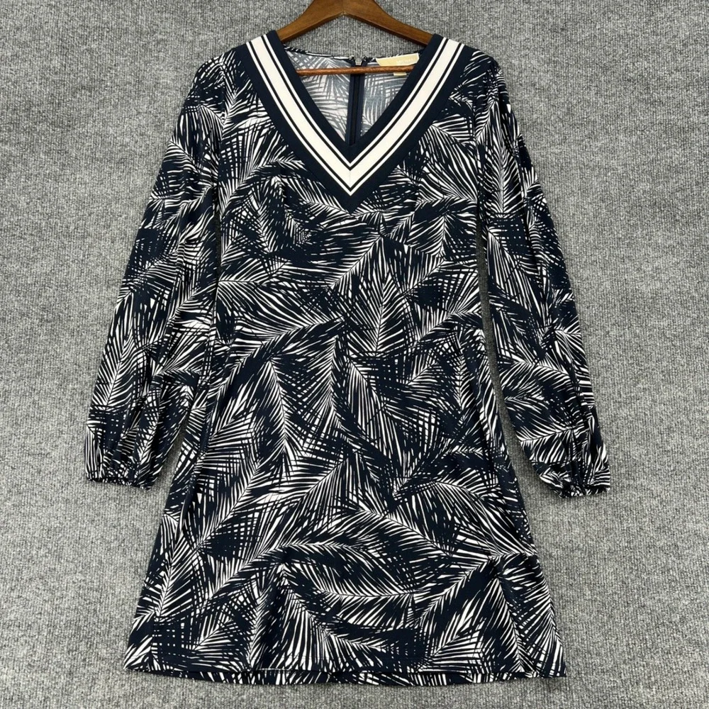 Michael Kors Palm Print Dress Womens S Navy White Long Sleeve Resort Tropical